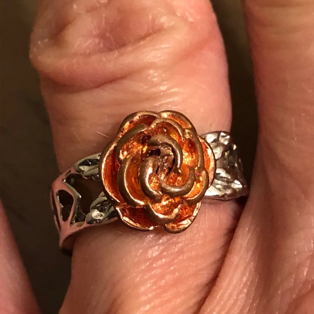 Vintage Silver Tone and Red-Orange Rose Ring
